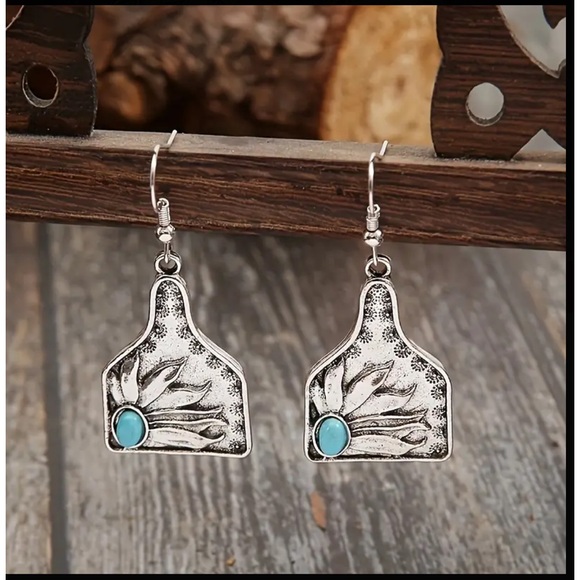 Boho Silver and Turquoise Geometric Sunflower Design Drop Earrings - Picture 2 of 6
